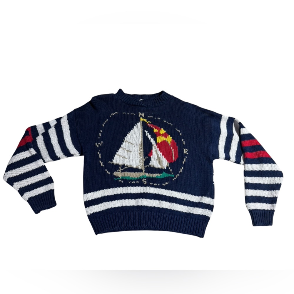 Vintage Sailboat Handknit Sweater Nautical Maritime Knit Striped Crewneck Medium - Picture 1 of 4